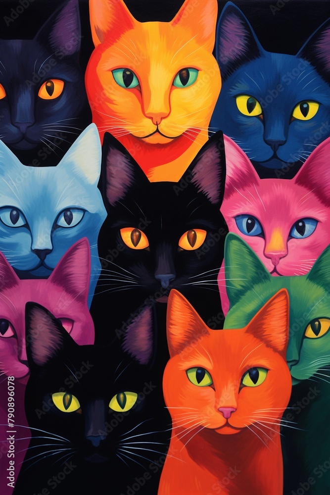 Bold and colorful array of cats in a minimalist kaleidoscope ideal for modern decor or artistic expressions in vibrant hues