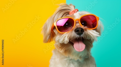 A cheerful dog sporting stylish sunglasses captured on a brightly colored background perfect for lighthearted summer graphics