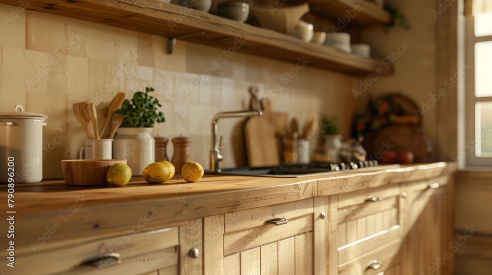Inviting rustic kitchen detailed close-up, highlighting warm wooden surfaces against cream-colored details, all in high resolution to showcase texture and warmth Inviting rustic kitchen detailed close-up, highlighting warm wooden surfaces against cream-colored details, all in high resolution to showcase texture and warmth