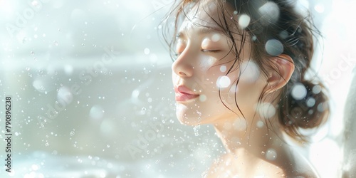 水しぶきを浴びる美しい女性のイメージ、保湿、乾燥対策
