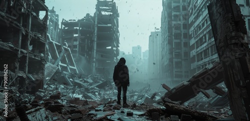 Sole survivor standing amidst the wreckage of a destroyed city photo