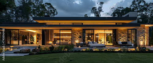 Contemporary new Australian home lighting at dusk 