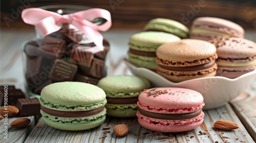   A table holds several macaroons nearby, an almond bowl, and a jar of chocolate