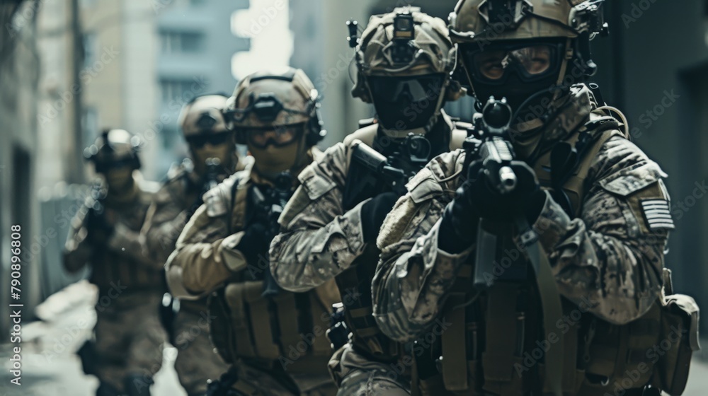 Squad of soldiers advancing cautiously through urban terrain