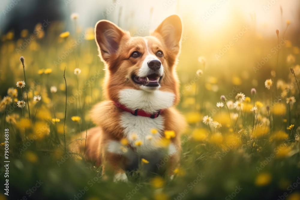 A dog is sitting in a field of yellow flowers. The dog is brown and white and has a black collar