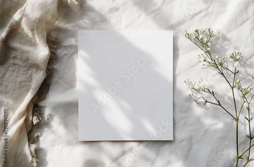 Mockup sophistiqué d'un carton d'invitation vierge, idéal pour les célébrations comme les mariages et les anniversaires, toile de coton-lin et fleurs blanches pour une ambiance sobre et romantique