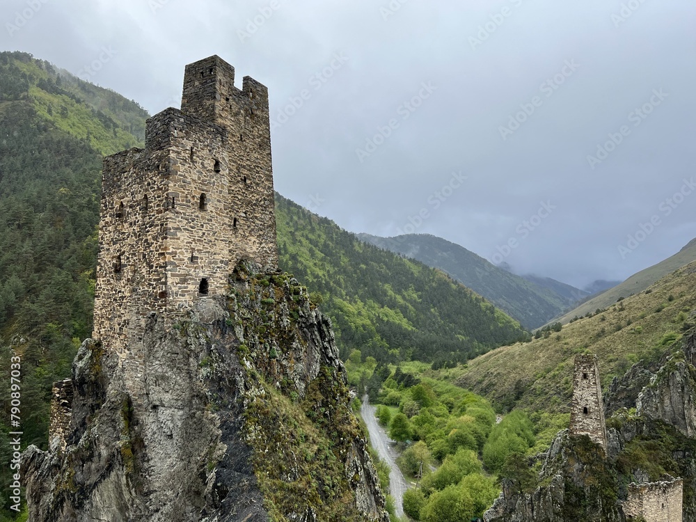 The tower complex of Vovnushki. The Republic of Ingushetia, Russia. View of the Ingush defensive towers inside the North Caucasus. The tower complex of Vovnushki. The Republic of Ingushetia, Russia. View of the Ingush defensive towers inside the North Caucasus.