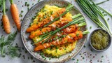   A white plate holds carrots atop grits, nearby sits a bowl of green beans, garnished with a parsley sprig
