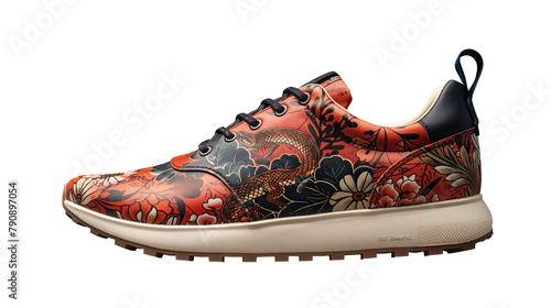 Orange pattern running shoes There are snakes and flowers decorated on the shoes. on a transparent background