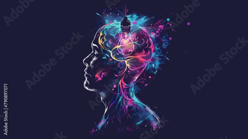 Ilustración del concepto de pensamiento con silueta de bombilla y cerebro colorid