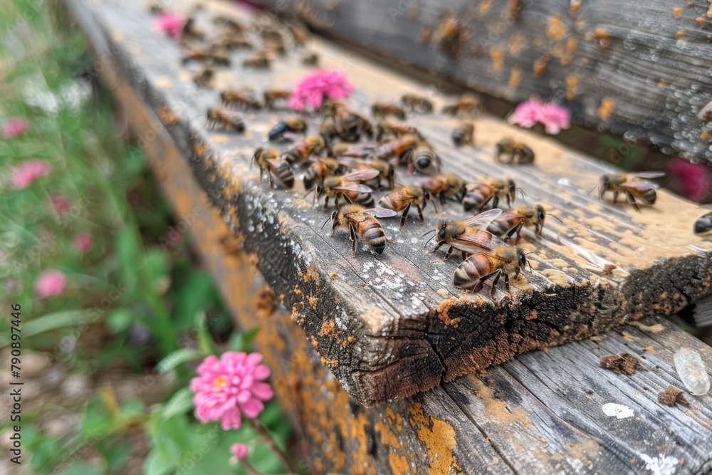 Close up of flying bees. Wooden beehive and bees. Close up of flying bees. Wooden beehive and bees.