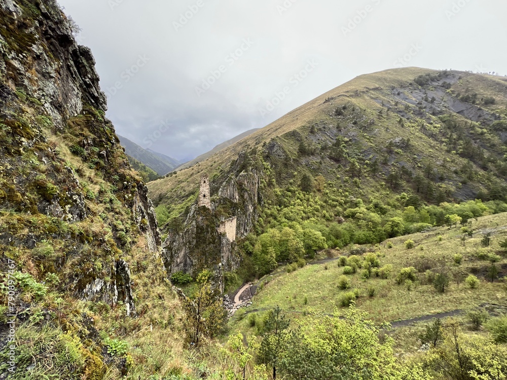 The tower complex of Vovnushki. The Republic of Ingushetia, Russia. View of the Ingush defensive towers inside the North Caucasus.