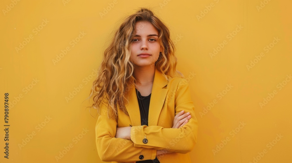 A woman with long hair is wearing a yellow jacket A woman with long hair is wearing a yellow jacket