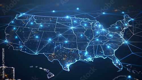 Digital Network Across USA Map. Concept Technology in Education, Online Learning, Virtual Classroom, Digital Resources, E-Learning Platforms