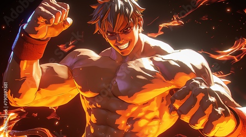 An energetic 3D model of a Shounen anime hero, with fiery eyes and a confident grin, striking a powerful pose with fists clenched and muscles flexed, ready to face any challenge headon photo