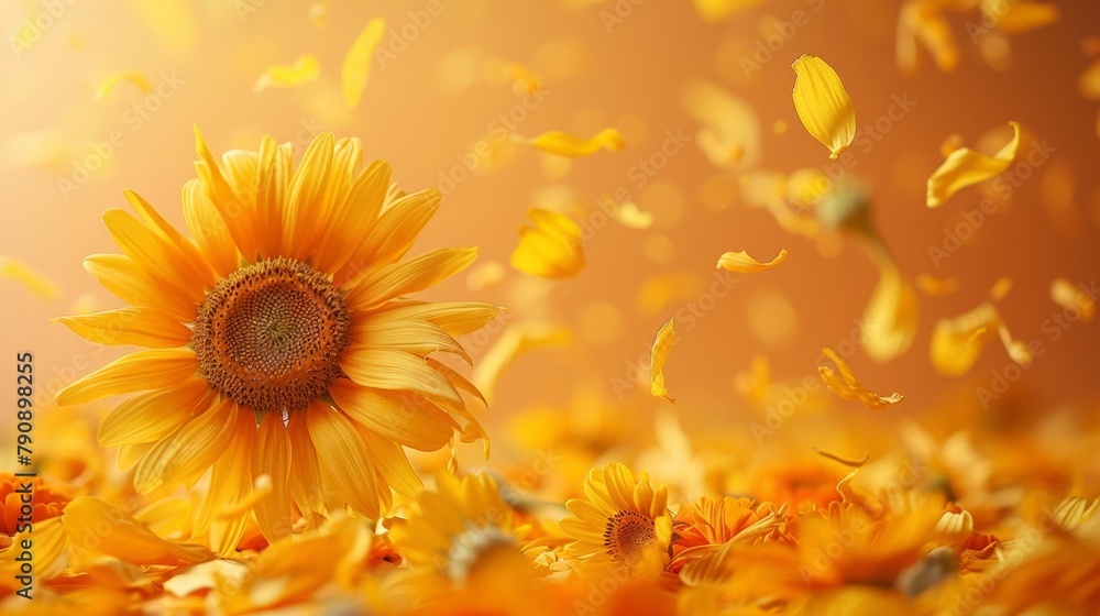 Fototapeta premium Soft and Delicate: Sunflower, Marigold, and Safflower Petals Falling on Light Orange Surface, View from Top