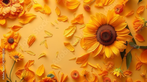 Fresh Floral Decoration  Top View of Safflower  Marigold  and Sunflower Petals Falling with Lens Blur