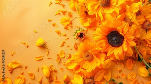 Botanical Beauty: Blurred Petals of Safflower, Marigold, and Sunflower on Light Orange Surface photo