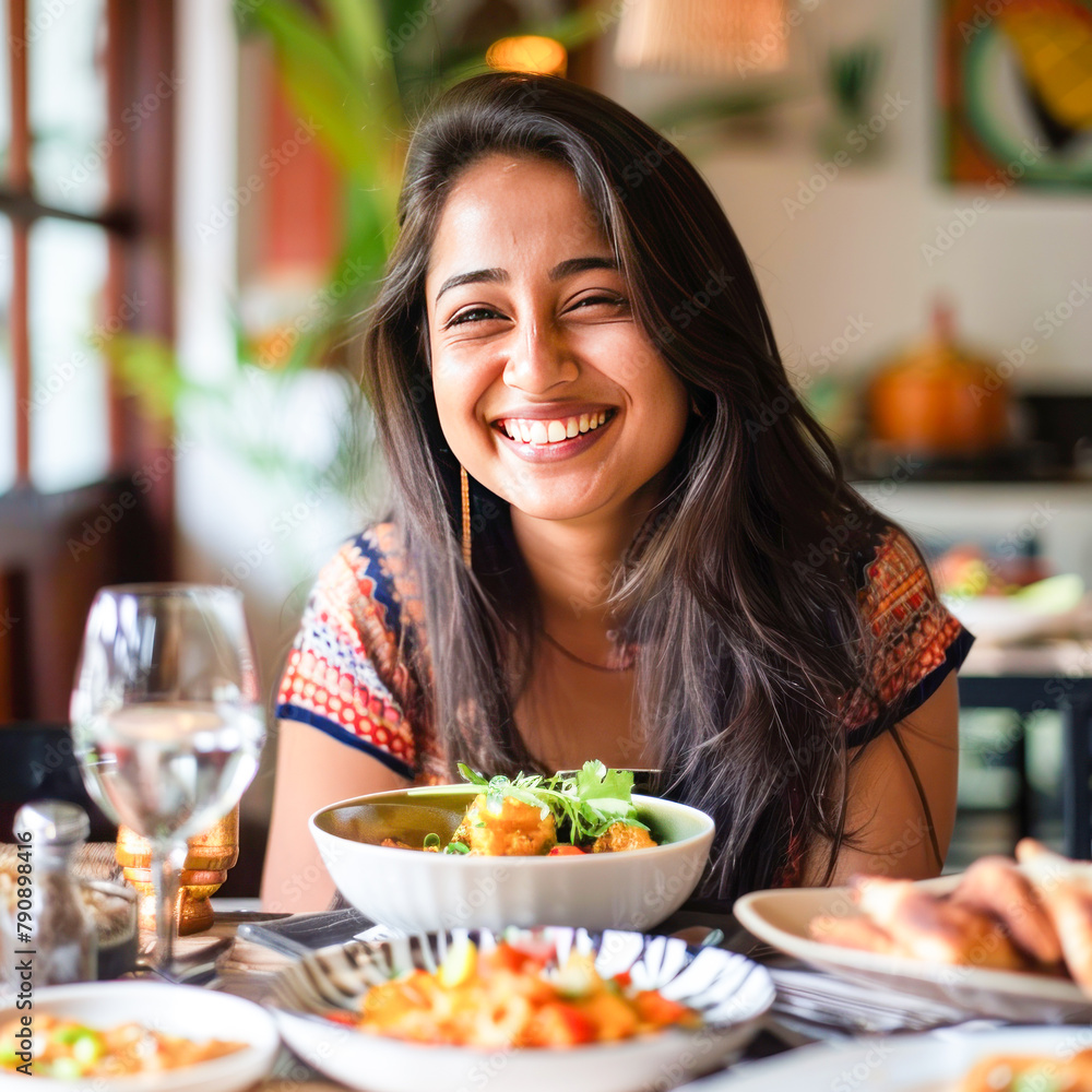Young indian woman laughing at restaurant on dining table while enjoying food