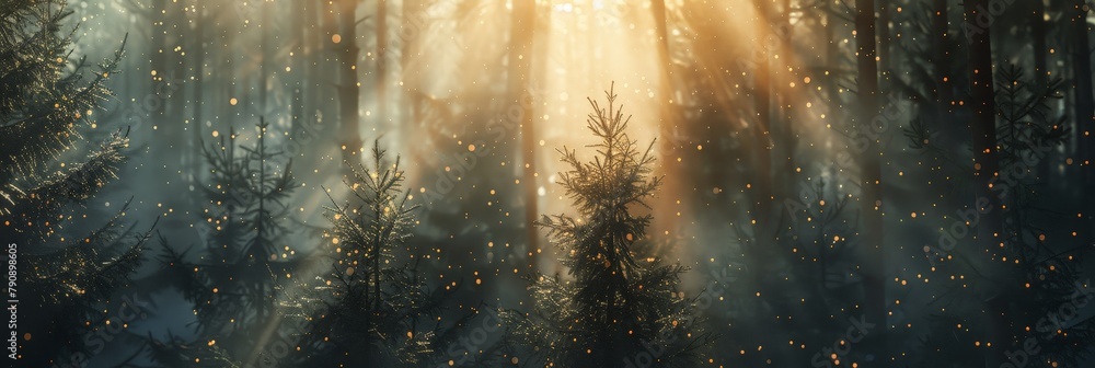 Tranquility in Nature: Pine Forest with Sunlight and Pollen Dust, Space for Text