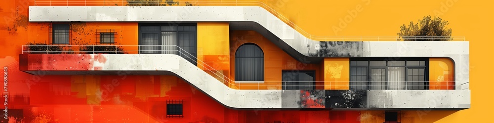 Obraz premium Futuristic architecture concept on vibrant background: abstract image featuring modern building design with clean lines and colorful backdrop. panoramic banner