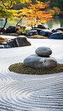 Serene image of a Japanese rock garden with raked gravel and strategically placed stones, conveying a sense of calm and mindfulness, perfect for a meditative space