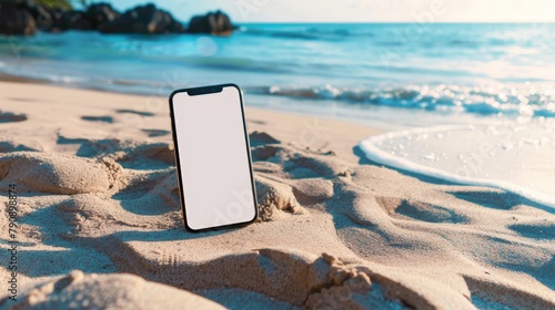 A cell phone on the sandy beach by the sea © 2rogan