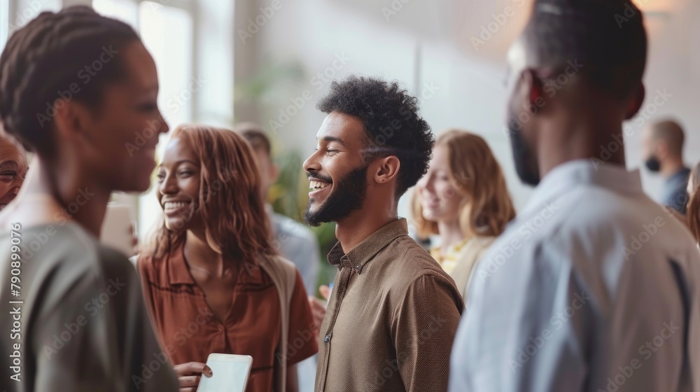 Obraz premium A group of people are standing together, smiling and laughing