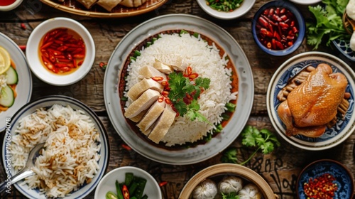 Close up of table with assorted food and rice bowls
