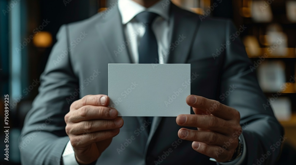 Corporate Identity: Close-up of Businessman with Business Card, Ultrarealistic Office Background, Space for Text Overlay