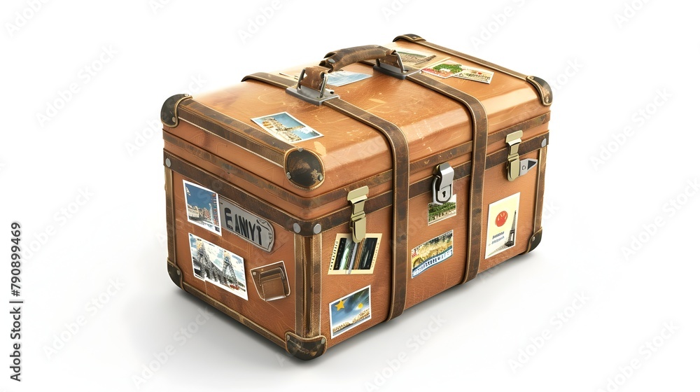 Obraz premium Sturdy and Detailed 3D Suitcase with Travel Stickers,Representing Global Adventure and on Isolated White Background