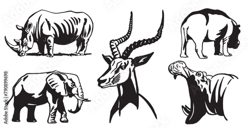Graphical set of african animals isolated on white background,vector illustration
