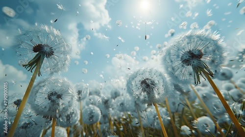 Dance of Dandelions: Seeds Blown by the North Wind with Space for Text photo