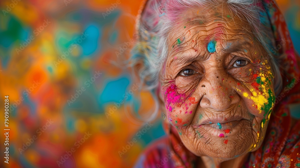 Portrait of an elderly woman against the background of a multi-colored wall from the colors of Holi. Cheerful old lady covered in Holi colors