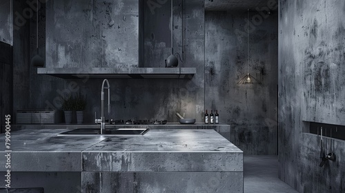 Sleek, all-gray kitchen featuring a monochrome color palette with diverse textures, from rough concrete to smooth steel, in high resolution