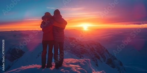 Silhouetted Hikers Embracing at Snowy Mountain Peak During Radiant Sunrise