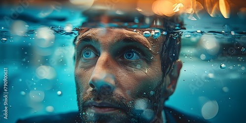 Stressed Businessman Trapped Underwater Gazes Longingly at Dry World Beyond Office Window