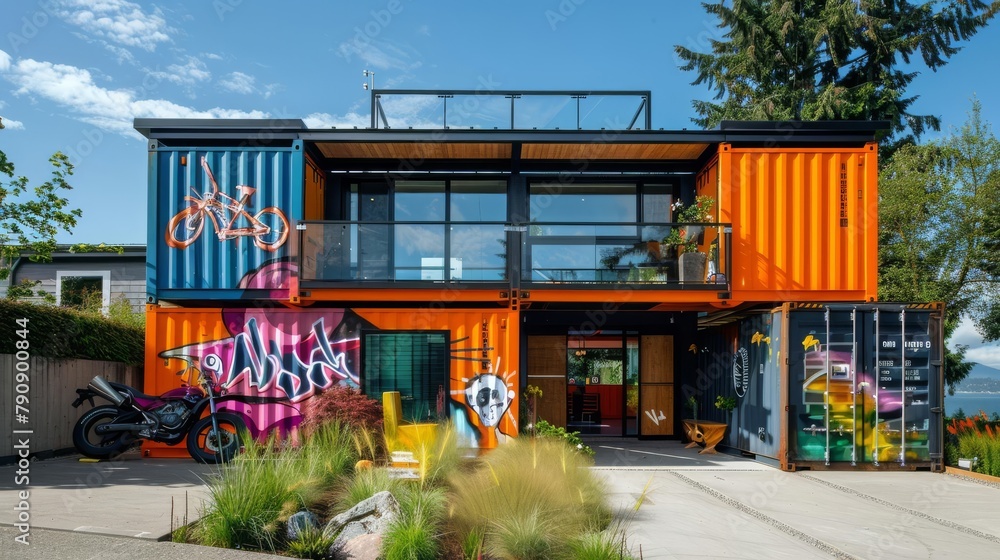 Modern house constructed from recycled shipping containers A brightly ...