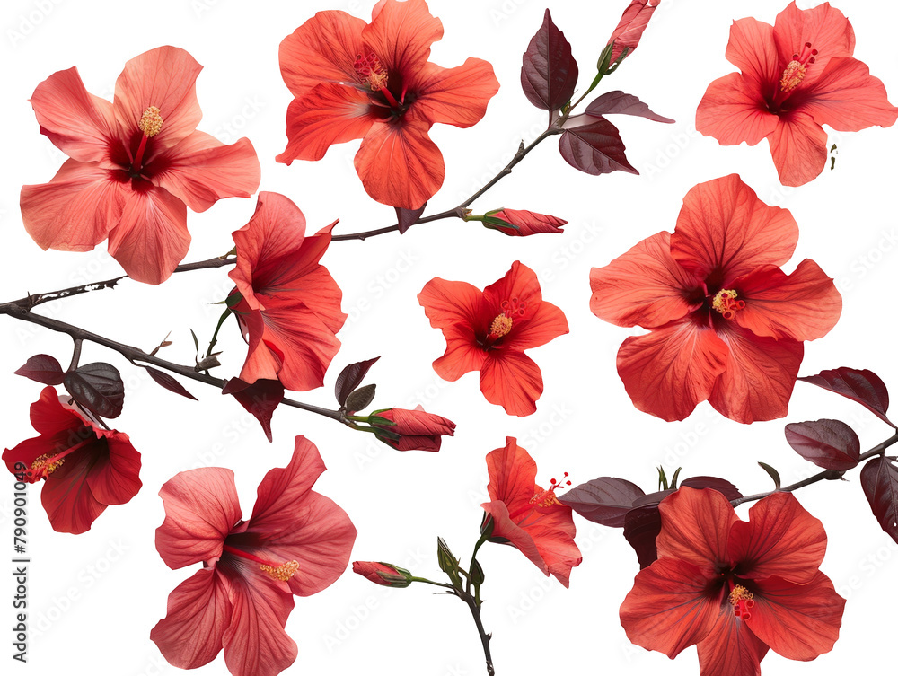 Set of branches of blooming hibiscus, vivid red petals