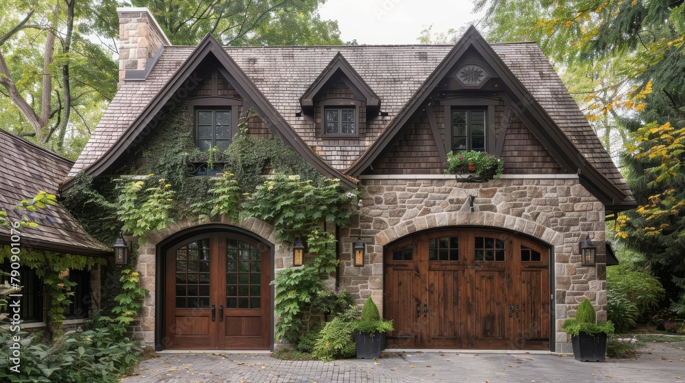 Charming halftimbered facade with exposed beams Stone garage featuring a heavy wooden door with iron hinges and studs Climbing ivy softens the edges of the stonework Charming halftimbered facade with exposed beams Stone garage featuring a heavy wooden door with iron hinges and studs Climbing ivy softens the edges of the stonework
