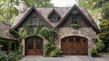 Charming halftimbered facade with exposed beams Stone garage featuring a heavy wooden door with iron hinges and studs Climbing ivy softens the edges of the stonework
