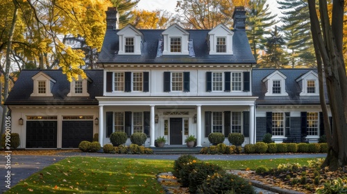 Explore a colonialstyle house with a garage featuring classic details such as symmetrical windows, a formal entryway, and traditional siding photo
