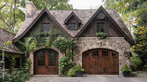 Charming halftimbered facade with exposed beams Stone garage featuring a heavy wooden door with iron hinges and studs Climbing ivy softens the edges of the stonework photo