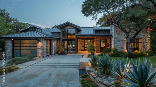 Capture a ranchstyle house with a garage that includes a covered breezeway connecting it to the main residence, adding architectural interest and functionality photo