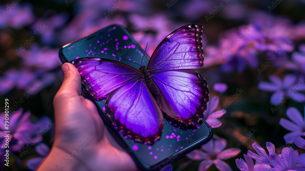 butterfly on purple flower - obrazy, fototapety, plakaty 