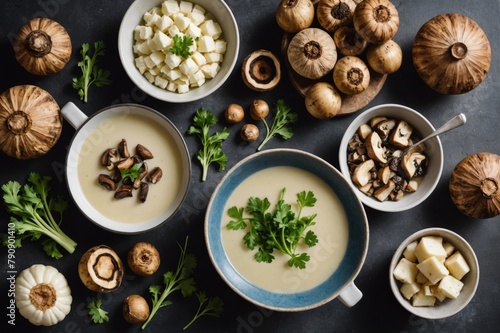 Ingredients for creamy cauliflower and celery root soup with roasted shiitake mushrooms