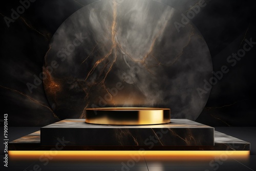 A golden ring on a pedestal against a black background.
