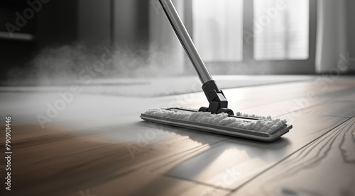 A steam mop effortlessly cleans a hardwood floor, removing dirt and grime with ease. 