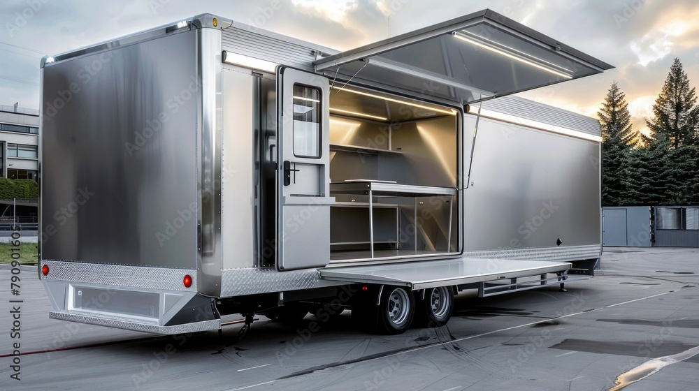 Trailers to rent or buy in the parking lot. trailer manufacturer exhibition Trailers to rent or buy in the parking lot. trailer manufacturer exhibition