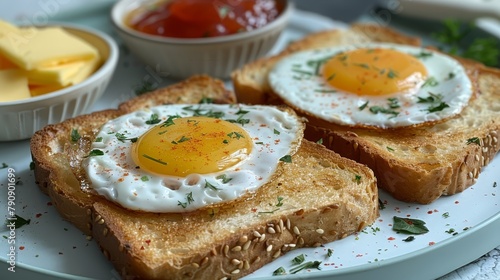   A white plate holds two slices of toast, one with an egg atop, the other atop a separate slice of bread Nearby sits a bowl of buttered cheese and ketch photo